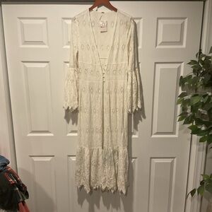 NWT Free People Sweetwater White Embroidered Eyelet Duster Jacket Maxi Dress, L